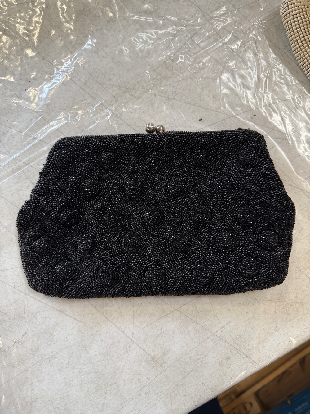 Vintage Black Beaded Evening Clutch with Floral Motif